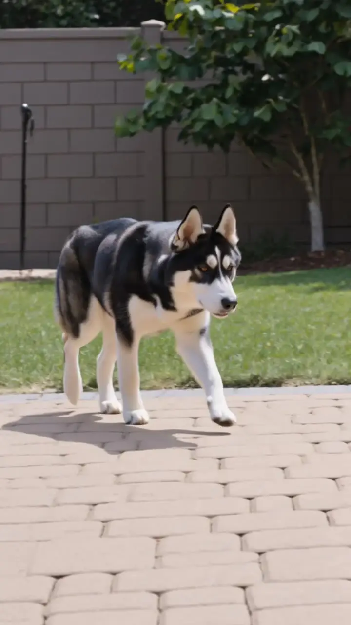 Cooper walking across a sunny backyard patio with grass and trees behind him.