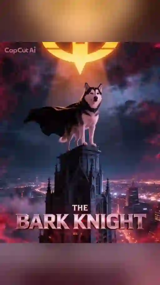 Cooper as The Bark Knight standing heroically above the city