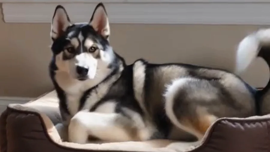 Cooper resting in his inspected comfort bed with his complete face and body visible