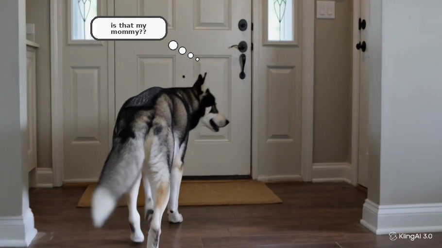 Cooper walking toward the front door with a speech bubble asking if that is his mommy