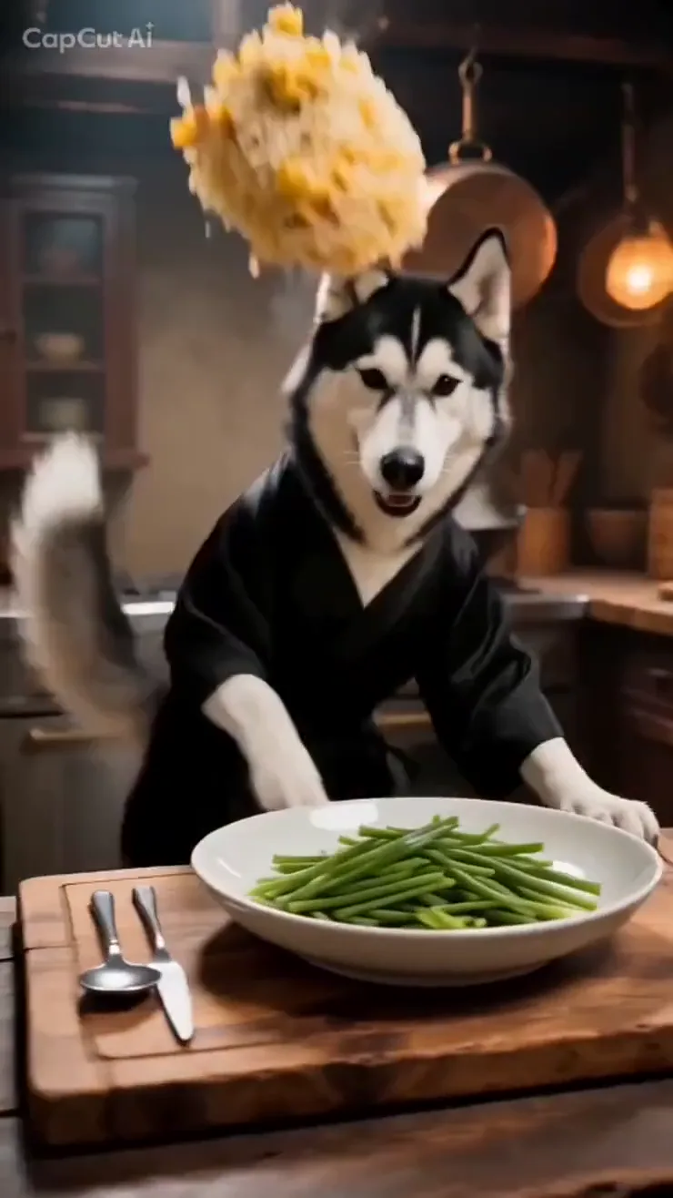 Cooper dressed as a playful chef presenting a bowl of fried rice in the new mini movie