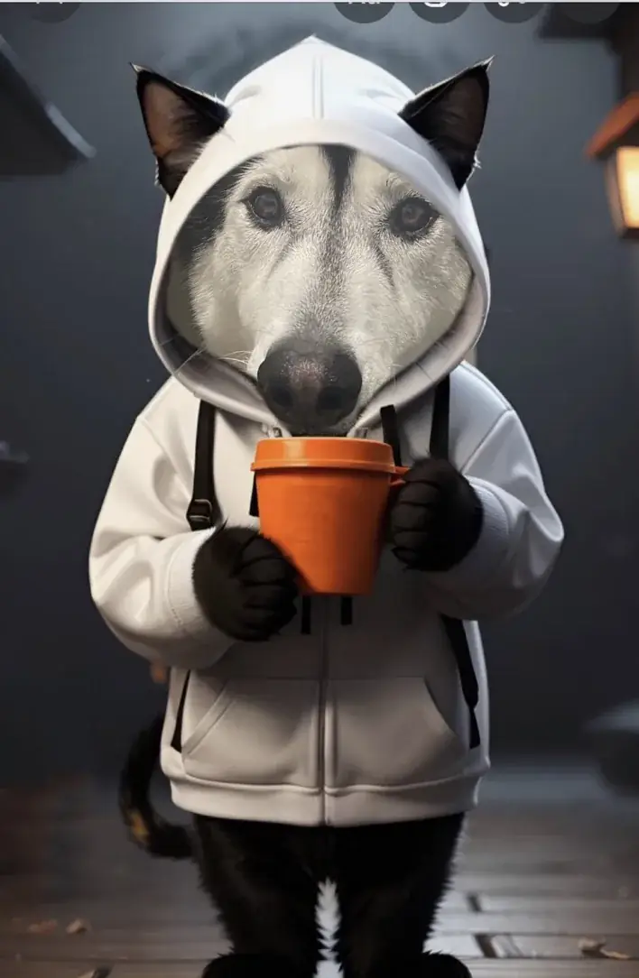 A playful stylized image of Cooper in a white hoodie holding a coffee cup.