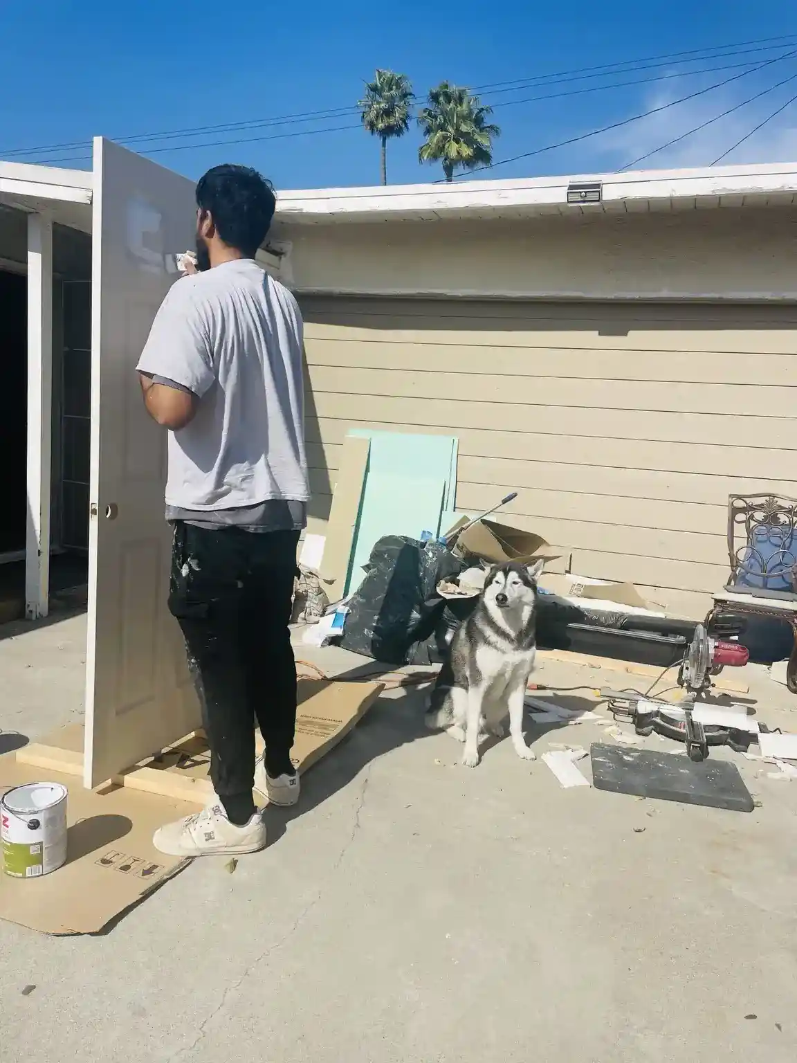 Cooper sitting nearby while a worker paints a door.